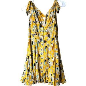 Free People Yellow Floral Print Mini Dress Flowy Fit Womens Size XS
